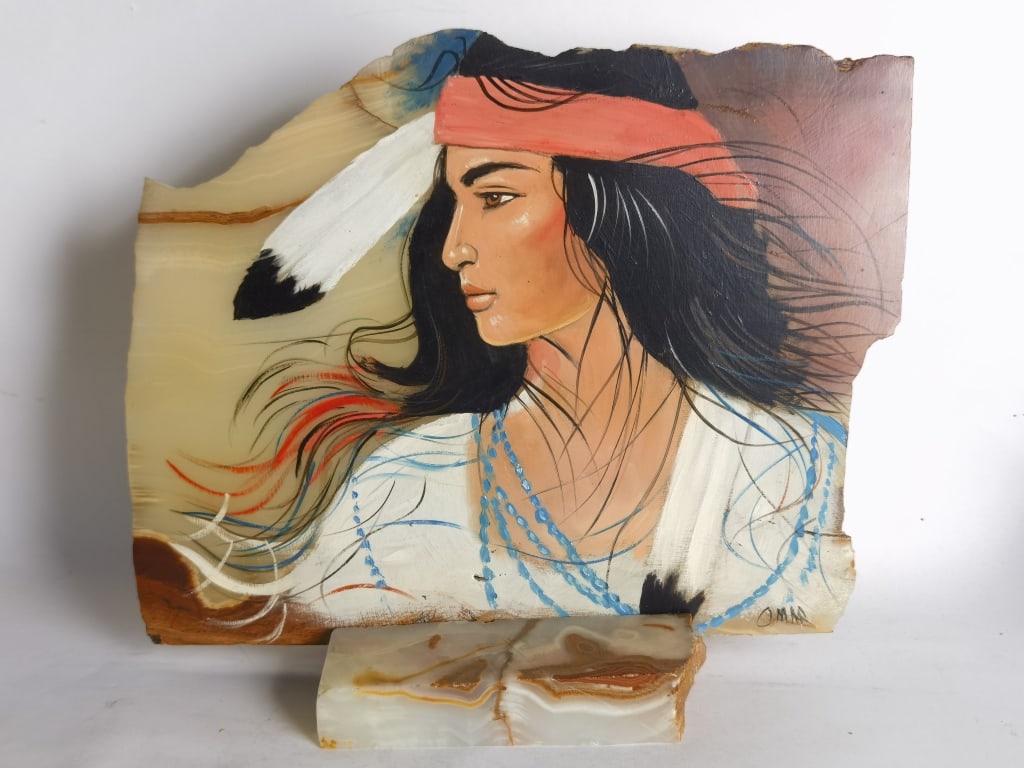 Vintage Native American Oil Painted Maiden on Onyx: Vintage Native American Oil Painted Maiden on Onyx, Signed Omar, 12in by 14in