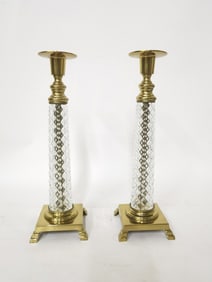 Pr. of Vintage Clear Glass Over Brass Post Candles