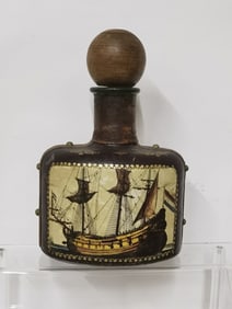 Vintage Italian Leather Covered Hand Painted Decanter