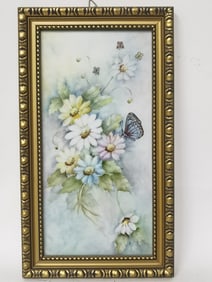 Vintage Hand Painted Floral Porcelain Plaque, Signed