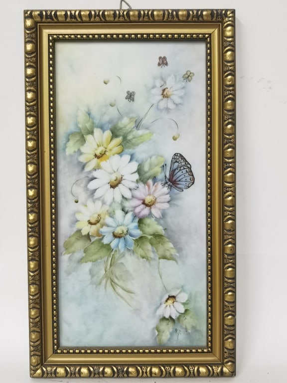Vintage Hand Painted Floral Porcelain Plaque, Signed (1 of 4)