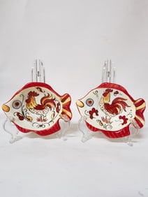 Pair of Maxcera Red Yellow Rooster Fish Plates