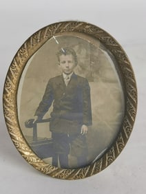 Antique Carved Brass Oval Photo Frame with Photo