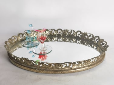 Vintage Brass Mirrored Oval Tray with Two Glass Décor