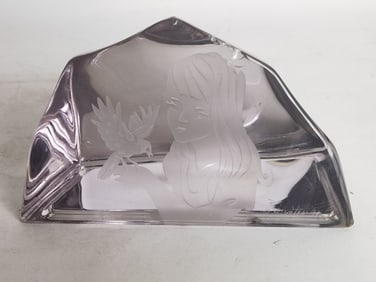 RM Yates Etched Frosted and Clear Glass Paperweight