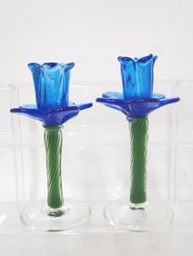 Pr. of Vintage Murano Italy Blue Flower Glass Candlesticks