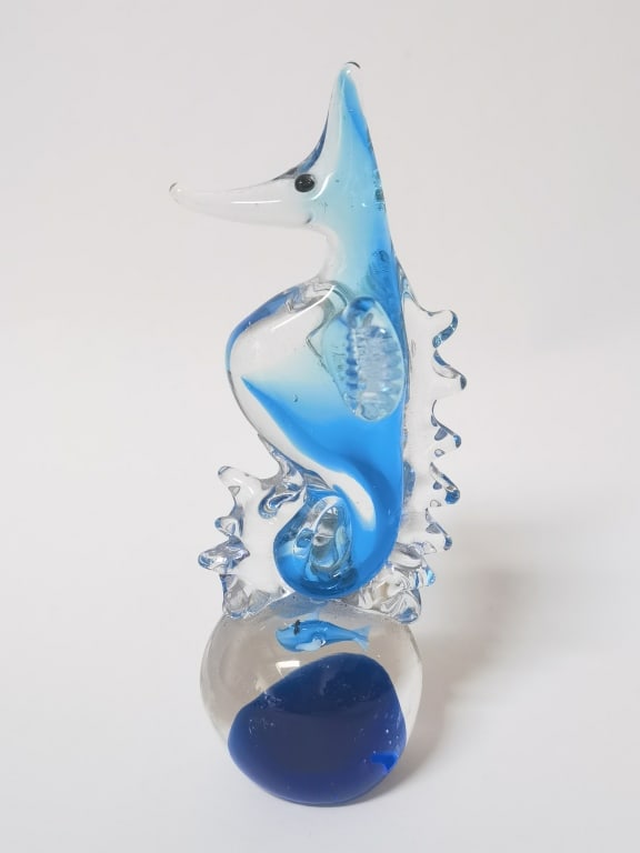Unmarked Blue Art Glass Sea Horse Paperweight: Unmarked Blue Art Glass Sea Horse Paperweight, 7in