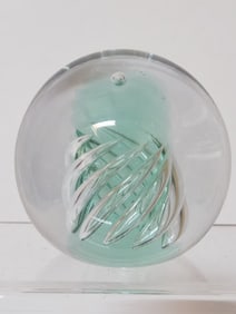 Unmarked Green/Clear Swirl Glass Paperweight