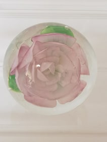 Unmarked Pink Flower Glass Paperweight