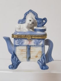 Vintage Blue Porcelain Teapot Cabinet Trinket Box