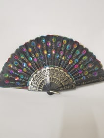 Multicolor Embroidered Black Folding Fan