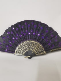 Purple Embroidered Black Folding Fan