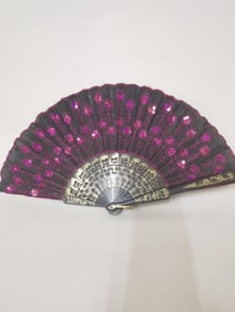 Magenta Embroidered Black Folding Fan