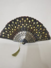 Yellow Embroidered Black Folding Fan