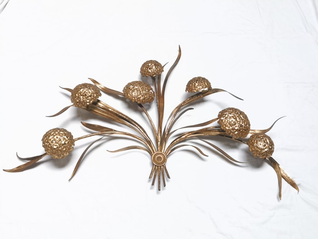 Vintage Italy Brass Gold Hydrangea Plladio Wall Sc: Vintage Italy Brass Gold Hydrangea Plladio Wall Sculpture, 29in by 49in