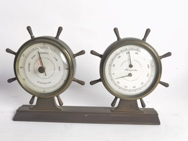 Antique Brass Ship Wheel Nautical Weather Station