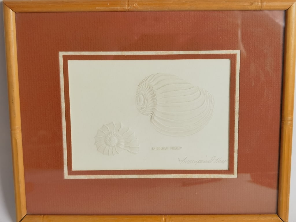 Vintage Imperial Harp Embossed Shell Art: Vintage Imperial Harp Embossed Shell Art, 8.75in by 10 5/8in