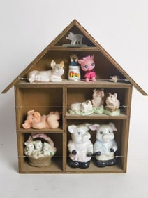 Vintage Cottage Curio with Small Pig Figurines
