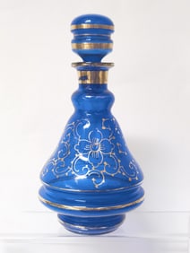 Vintage Bohemian Gilt Cobalt Blue Glass Decanter