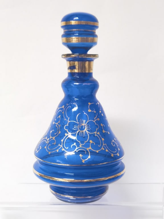 Vintage Bohemian Gilt Cobalt Blue Glass Decanter: Vintage Bohemian Gilt Cobalt Blue Glass Decanter, 9.25in