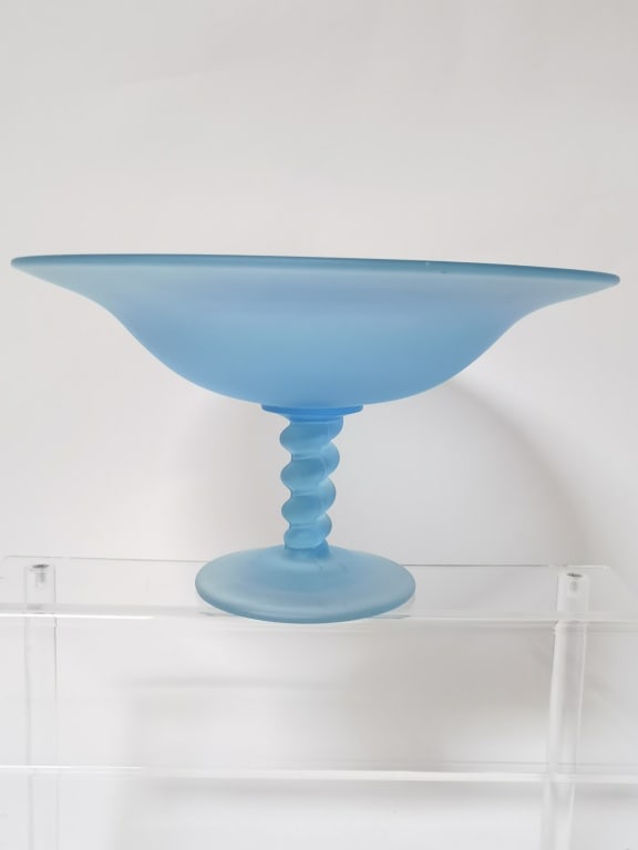 Vintage Blue Frosted Glass Footed Bowl: Vintage Blue Frosted Glass Footed Bowl, 10in by 5 5/8in