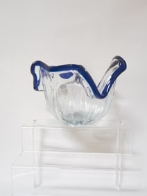 Vintage Murano Italy Blue Rim Clear Glass Bowl
