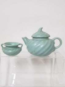 (2) Vintage Porcelain Lake Green Ribbed Tea Wares