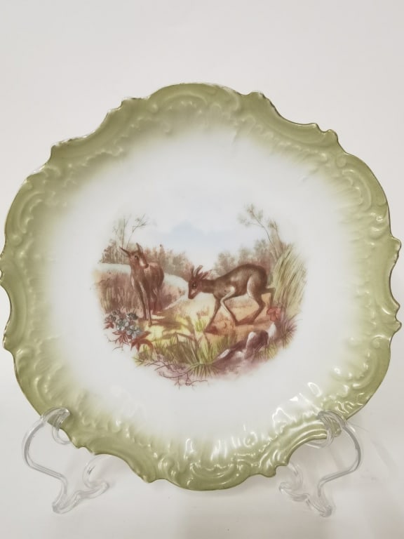 Vintage Limoges Porcelain Green Rim Plate: Vintage Limoges Porcelain Green Rim Plate, 9in