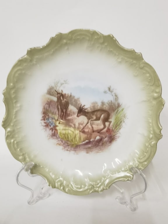 Vintage Limoges Porcelain Green Rim Plate: Vintage Limoges Porcelain Green Rim Plate, 9in