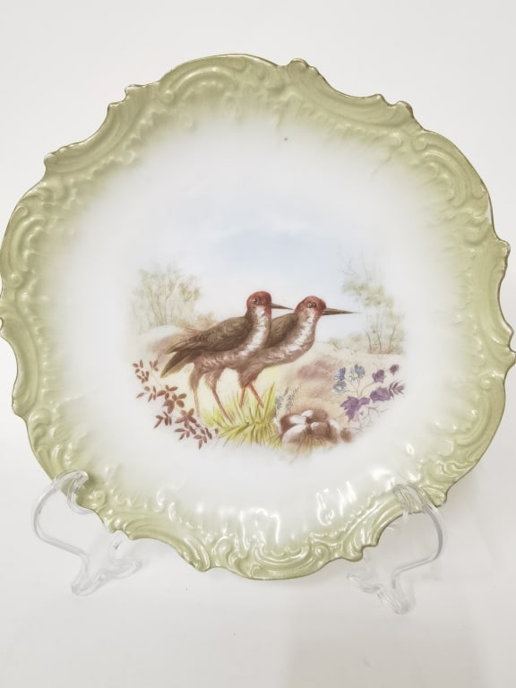 Vintage Limoges Porcelain Green Rim Plate: Vintage Limoges Porcelain Green Rim Plate, 9in