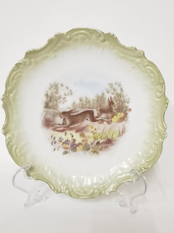 Vintage Limoges Porcelain Green Rim Plate: Vintage Limoges Porcelain Green Rim Plate, 9in