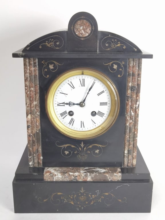 Antique French Marble and Slate Engraved Mantel Cl (1 of 8)