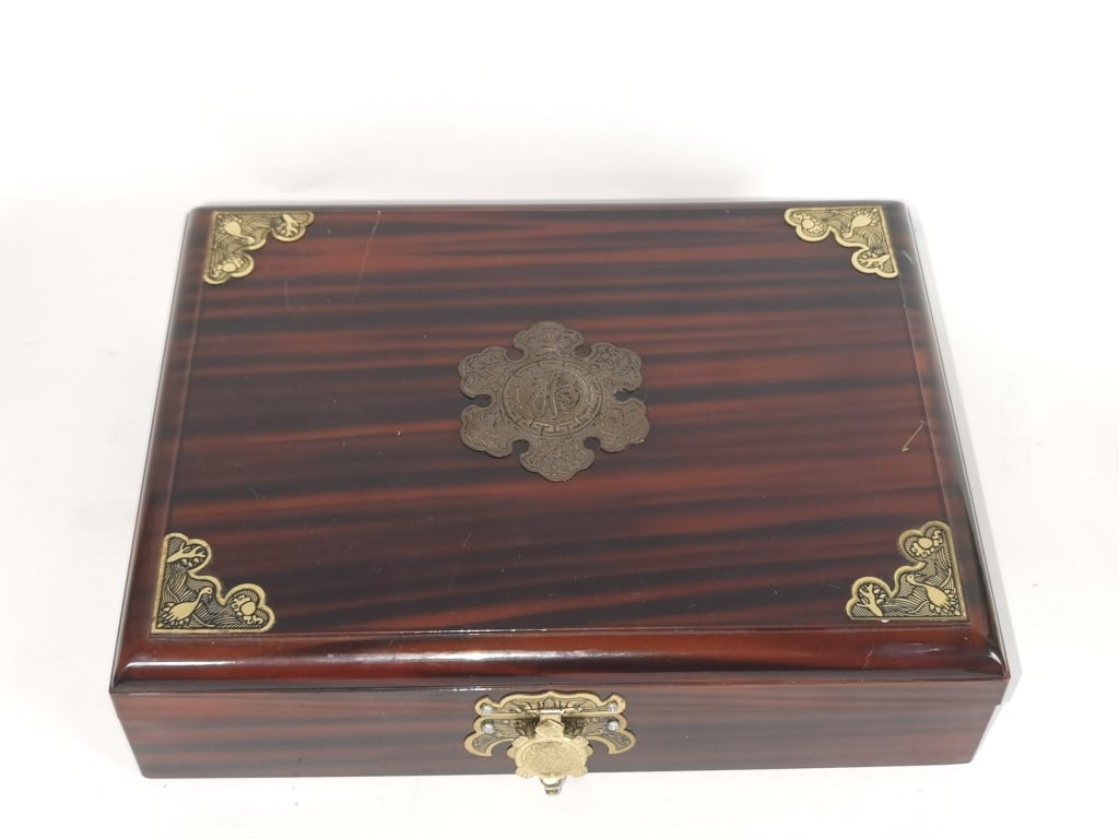 Chinese Wood Jewelry Box with Brass Fittings: Chinese Wood Jewelry Box with Brass Fittings, 2.75in by 9.75in