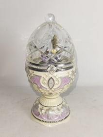 Porcelain Pedestal Egg Music Box with Crystal Cove