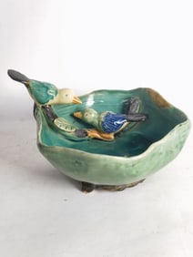 Vintage Carved Ceramic Bird Lotus Leaf Bowl