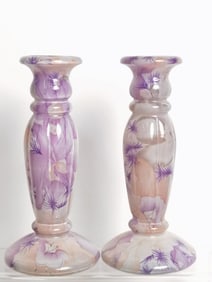 Pr. of Purple Floral Art Glass Candlesticks