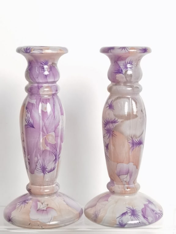 Pr. of Purple Floral Art Glass Candlesticks (1 of 3)