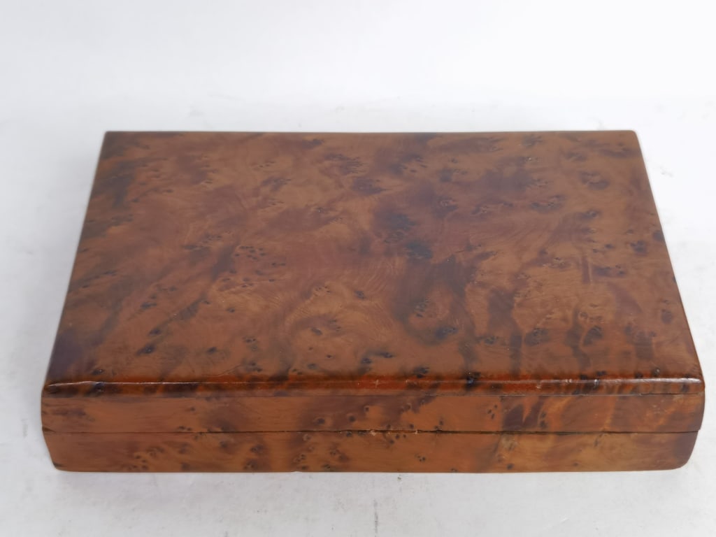 Mid-20th C. Burlwood Cigar Box: Mid-20th C. Burlwood Cigar Box, 2in by 7.75in by 4.75in