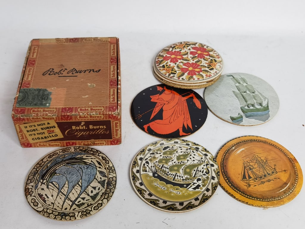 Vintage Robt Burns Box with Group of Coasters: Vintage Robt Burns Box with Group of Coasters, 2in by 5in