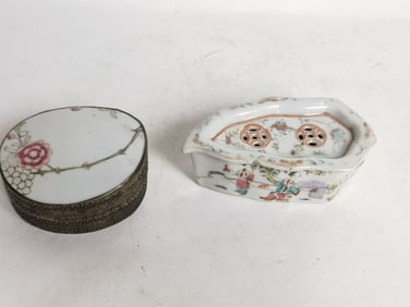 (2) Antique Chinese Porcelain Famille Rose Boxes