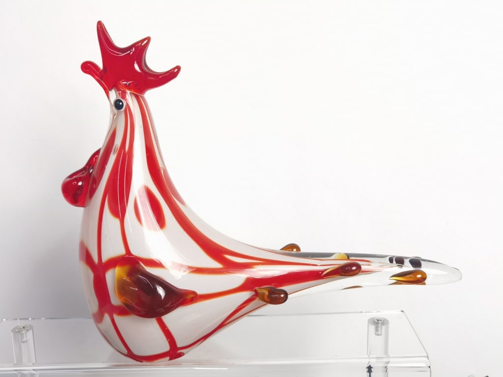 Large Murano Italy Red/White/Amber Glass Rooster (1 of 5)