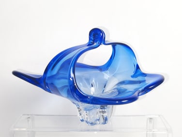 Large Vintage Murano Italy Blue Art Glass Basket V