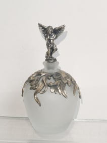 Vintage Metal Cherub Frosted Glass Perfume Bottle
