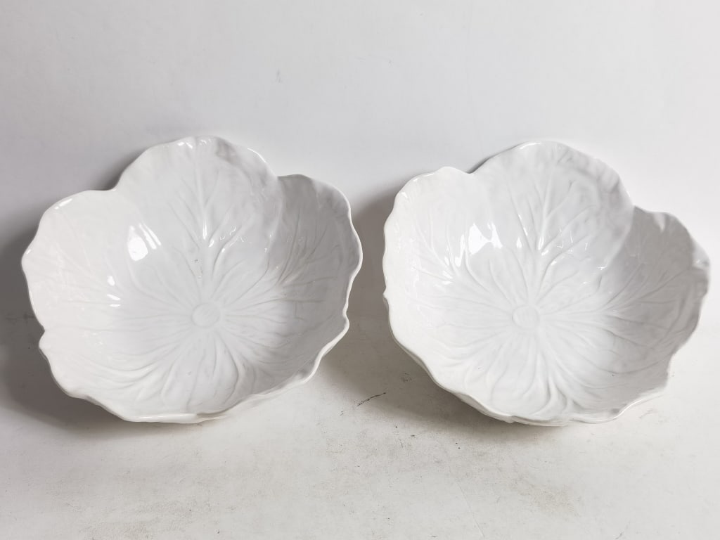Pr. of Vintage Bordallo Pinheiro White Cabbage Bow: Pr. of Vintage Bordallo Pinheiro White Cabbage Bowls, 2.25in by 7in