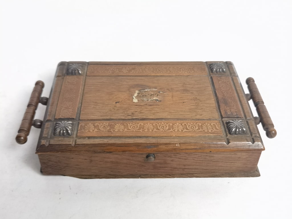 Antique Wood Carved with Brass Decor Handled Jewel: Antique Wood Carved with Brass Decor Handled Jewelry Box, 2in by 9in