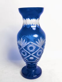 Vintage Czech Bohemian Cobalt Blue Cut-to Clear Va