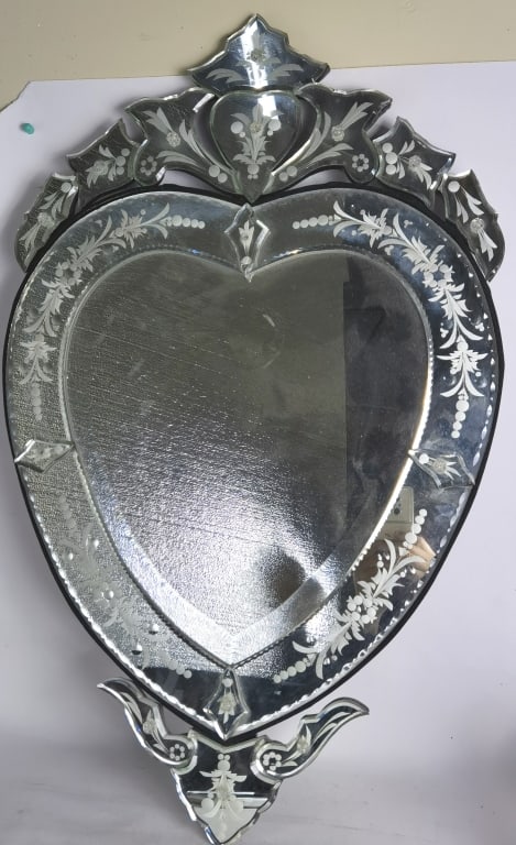 Antique Venetian Style Etched Heart Shape Glass Mi: Antique Venetian Style Etched Heart Shape Glass Mirror, 18.5in by 31in
