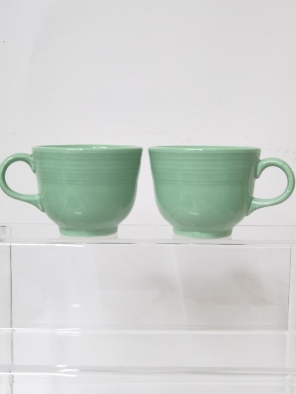 Pair of Lake Green Ribbed Porcelain Cups: Pair of Lake Green Ribbed Porcelain Cups, 3.5in