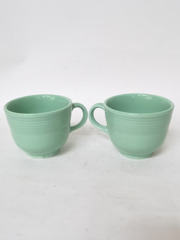Pair of Lake Green Ribbed Porcelain Cups: Pair of Lake Green Ribbed Porcelain Cups, 3.5in