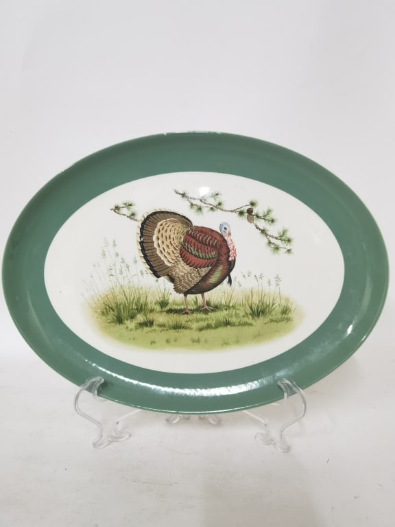 Porcelain Green Rim Turkey Oval Plate: Porcelain Green Rim Turkey Oval Plate, 13.5in